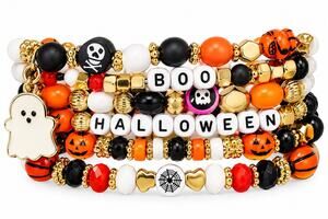 Halloween Orange Black White BOO Ghost Charm Beaded Bracelet Stack NWOT